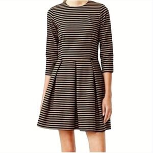 GAP Striped Black Tan Fit & Flare Mini Dress Pleated w/ Pockets 3/4 Sleeves‎